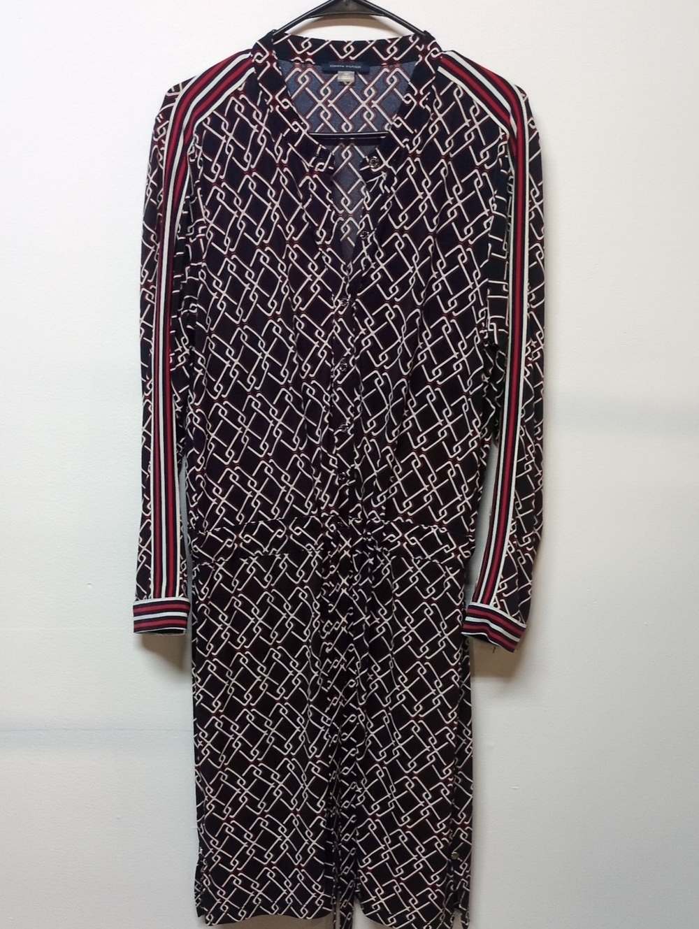 Tommy Hilfiger Navy Red White Lattice Long Sleeve Belted Shirt Dress, Size 14